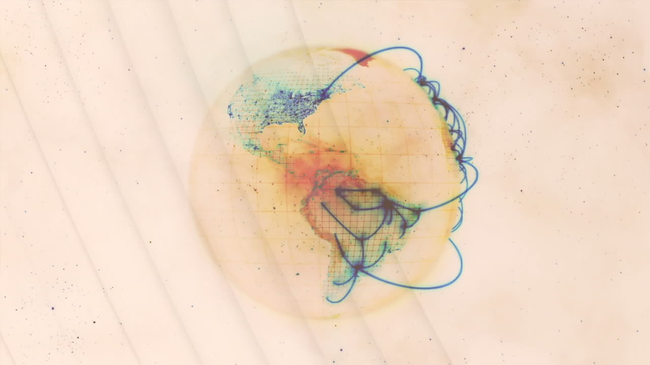 Animation of light trails and globe on white background