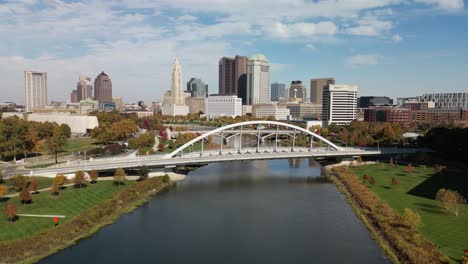 aerial view of scioto river toward downtown columbus, ohio - drone 4k