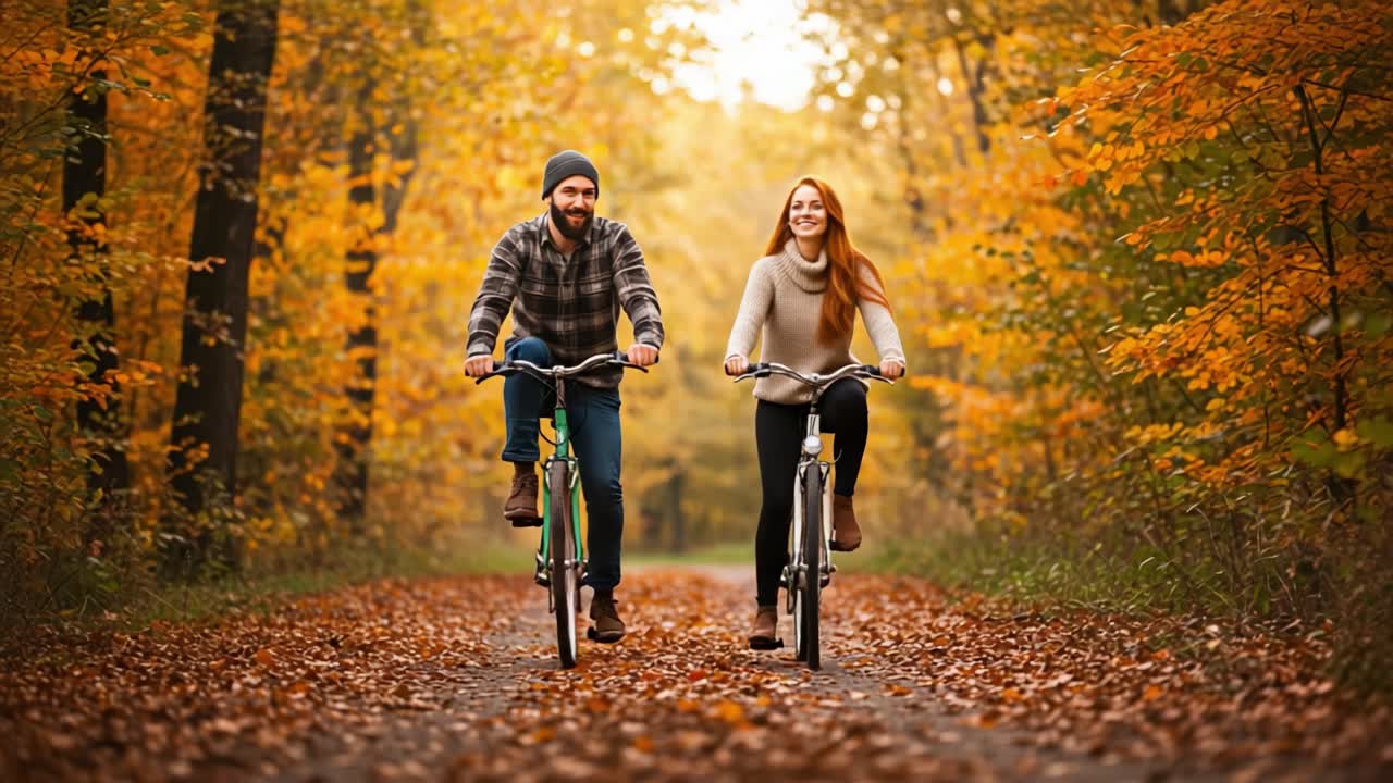 A couple biking through an autumn forest