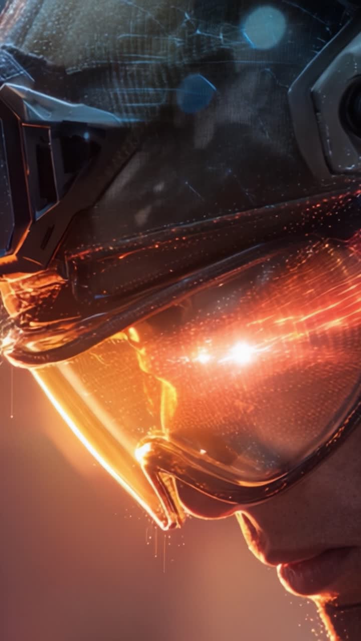 A futuristic soldier stands poised, wearing advanced headgear that enhances vision and protection, reflecting rays of light amidst a backdrop of digital technology and innovation