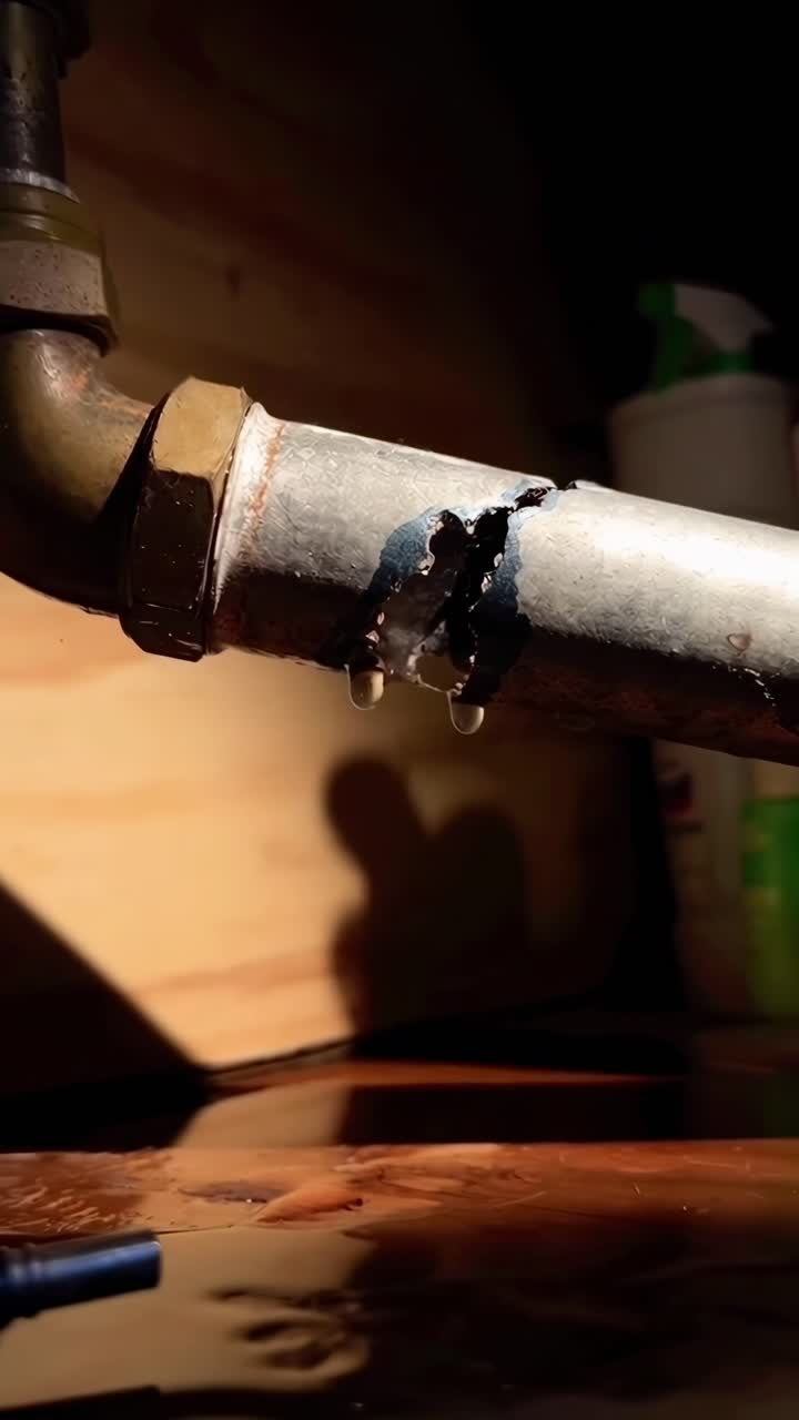 Nærbillede, lavvinkelvideo af et utæt rør, der fanger dryppende vand og skygger