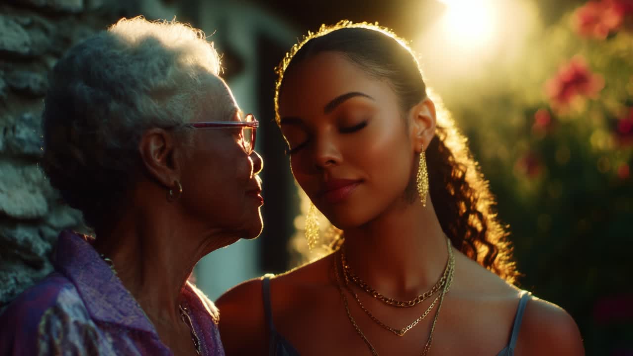 Capturing the Bond Between Generations: A Heartwarming Moment of Connection and Love Between Two Women in a Beautiful Evening Glow Filled with Nature's Colors
