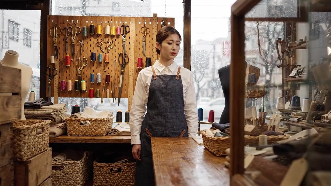 Un'artigiana esperta esamina il suo spazio di lavoro pieno di fili vivaci, attrezzi e materiali, riflettendo creatività e maestria artigianale in un ambiente caratteristico e invitante.