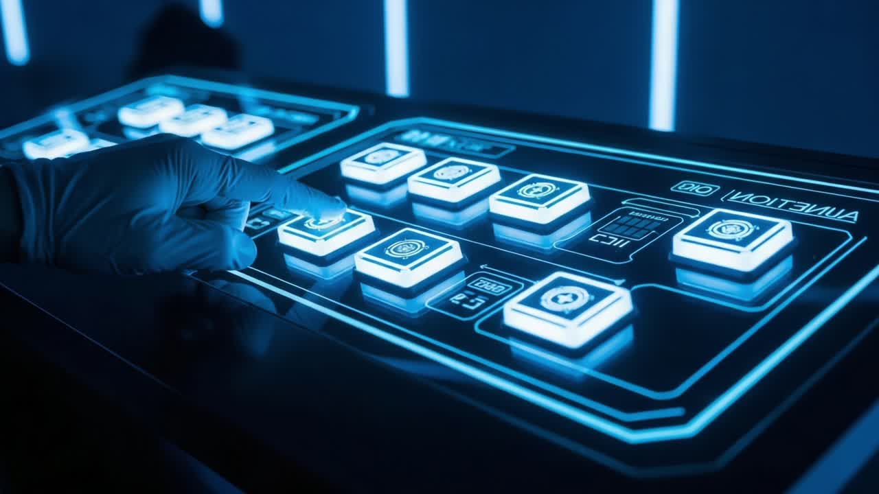 Innovative Control Interface Featuring Glowing Buttons and Advanced Technology Display, Showcasing Interactive Digital Control Panel in a Futuristic Environment