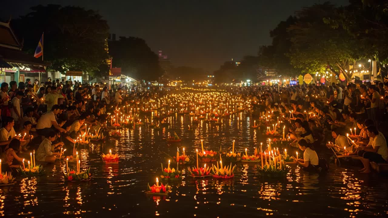 Uma Celebração Noturna Serena à Beira do Rio: Flutuadores Iluminados por Velas Cativantes Refletindo na Água Em Meio a uma Reunião de Pessoas Numa Atmosfera de Festival Mágica