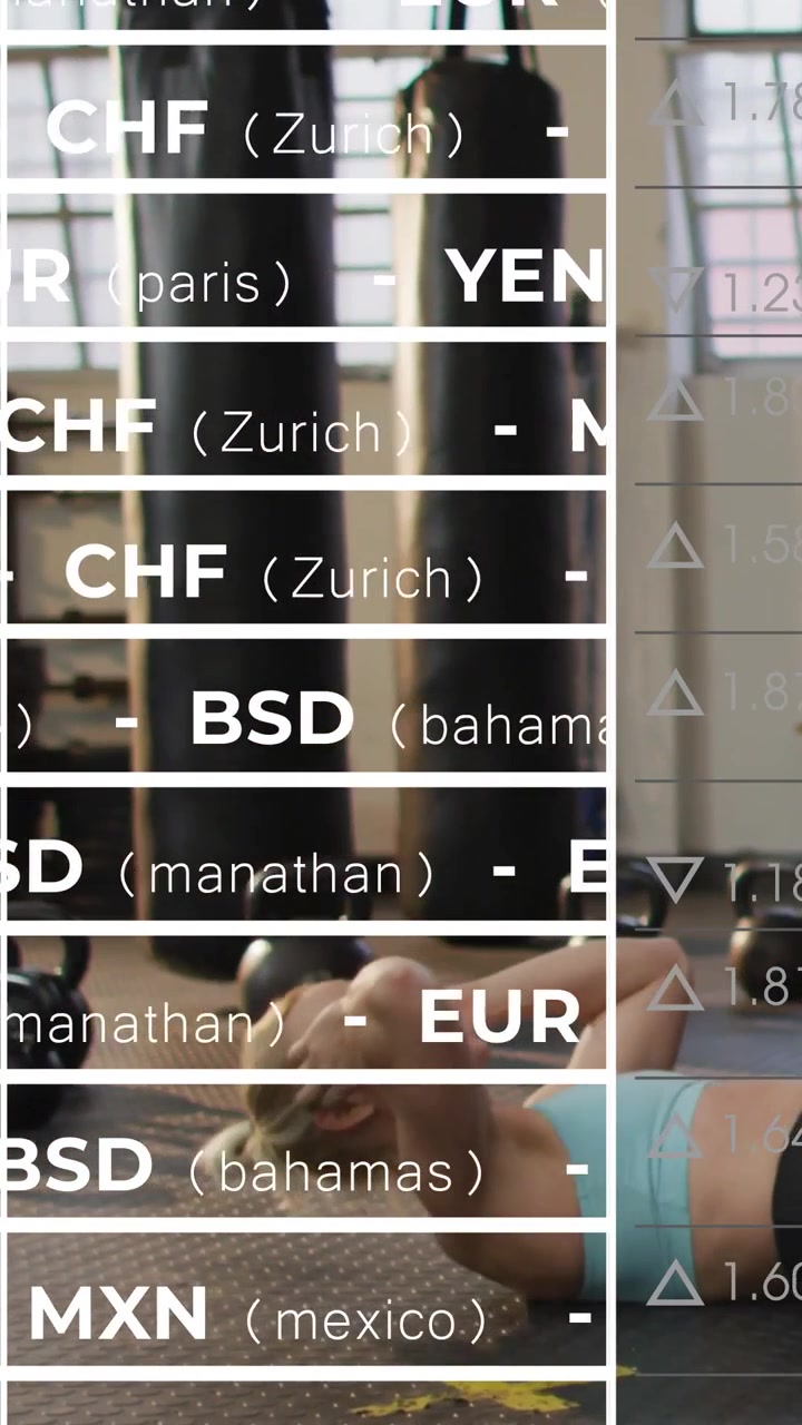 Vertical video: Woman training core on mat right side market driving currency overlay covering left