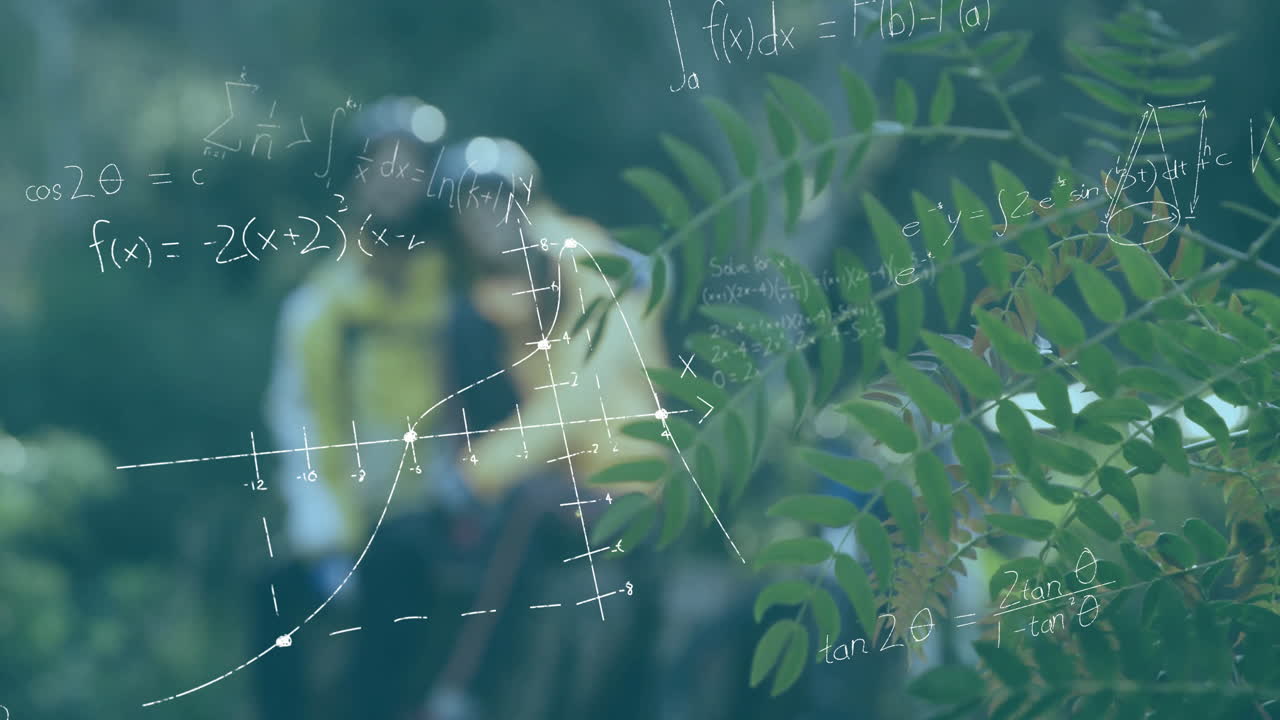 Man and woman standing on forest trail, displaying floating math graphs for tech education