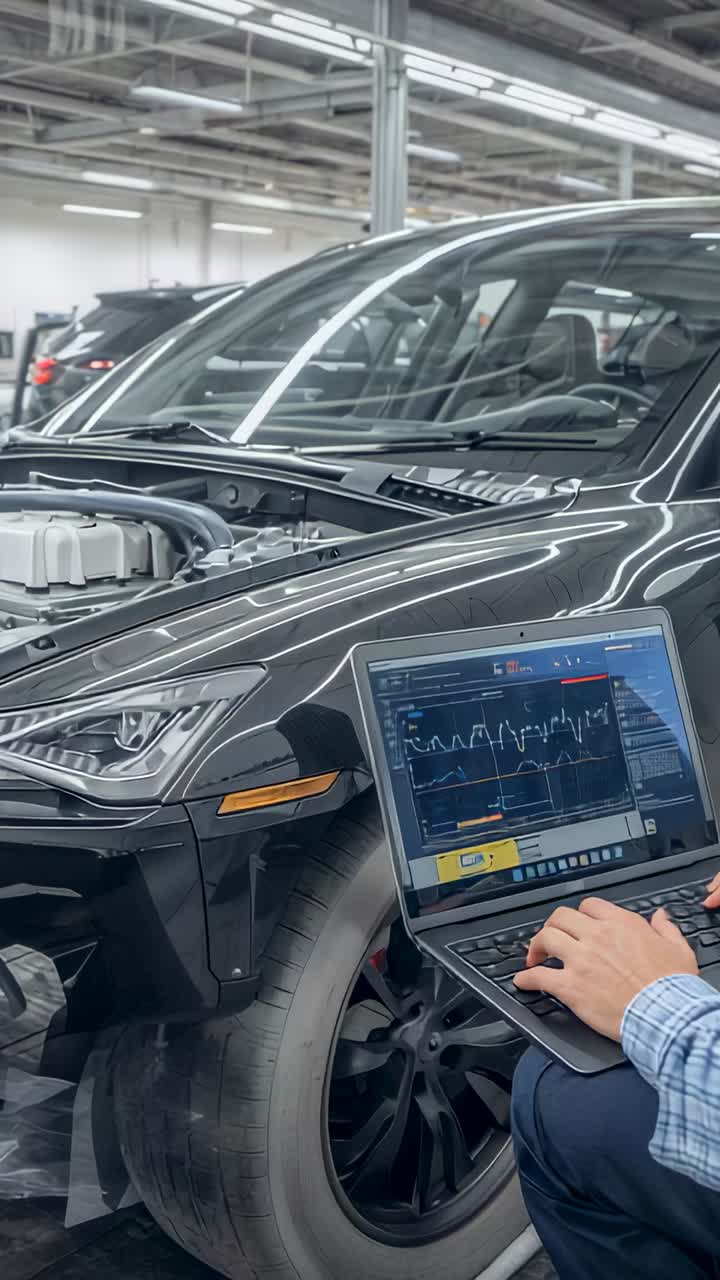 Vertical video: Diagnosing tech in shirt at black SUV with open hood, on laptop logging waveform
