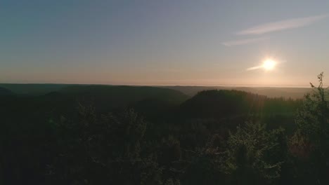 Beautiful-morning-Sunrise-over-Forest-reveals-behind-Trees---Aerial