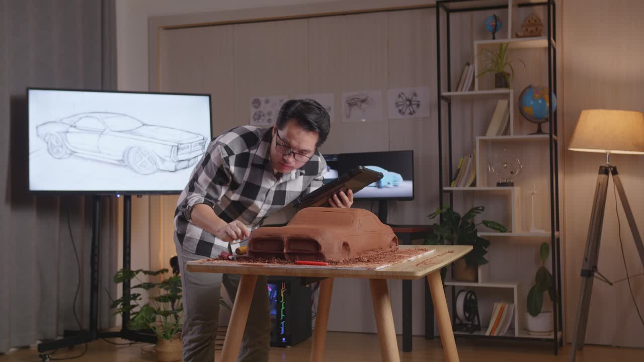 hombre asiático diseñador de automóviles celebrando el éxito siguiendo una tableta trabajando en la escultura de arcilla de automóviles por rastrillo o alambre en el estudio