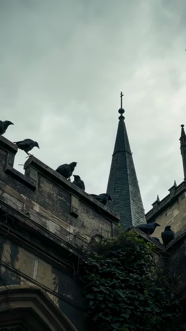 Vertical video: Flying pigeons suddenly lifting from parapet at church roof, leaving spire and ivy