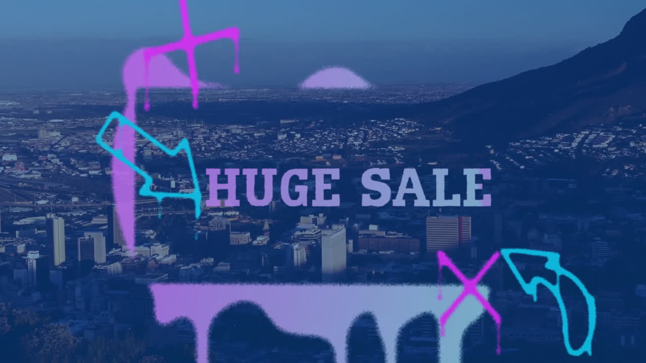 Promotion graphics sliding over cityscape, featuring neon sale text, dripping paint, arrow icons