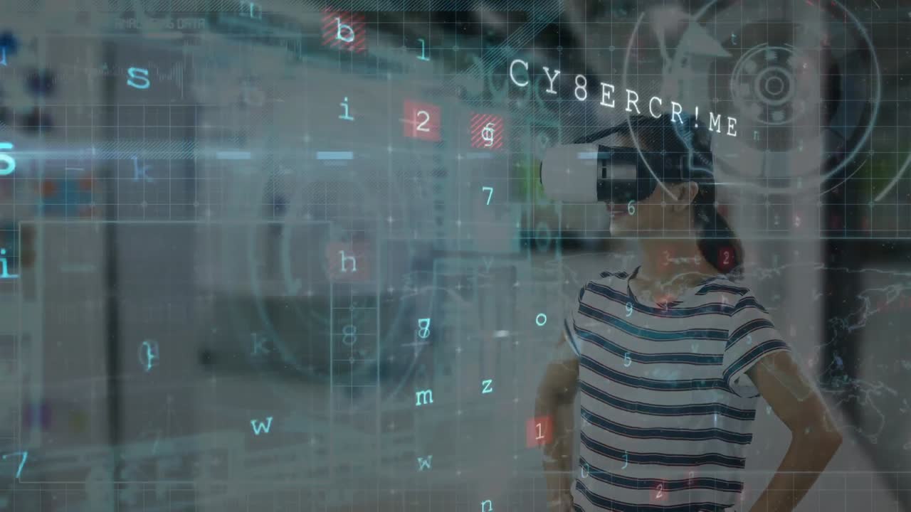 데이터 처리 및 스 ⁇  스캐닝의 애니메이션 vr 헤드 ⁇ 을 착용한 여성