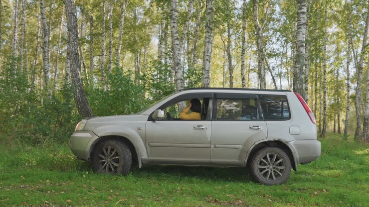 Un SUV roule à travers un bosquet de bouleaux, phares allumés. Une conductrice est visible à l'intérieur, se préparant à quitter le camping. Gros plan sur l'écorce de bouleau et les roues boueuses. La lumière du soir et le mouvement créent une atmosphère d'exploration mélancolique.