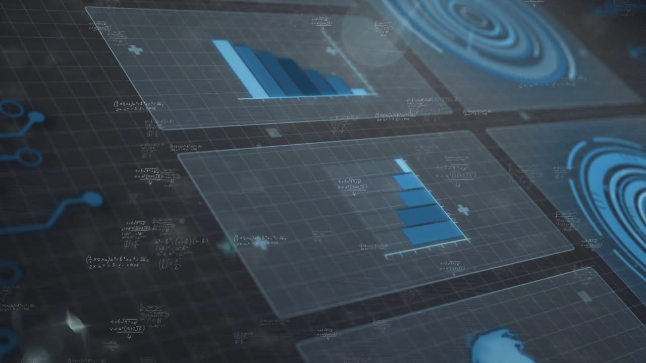 Analyzing data with bar graphs on digital grid featuring blue circular patterns