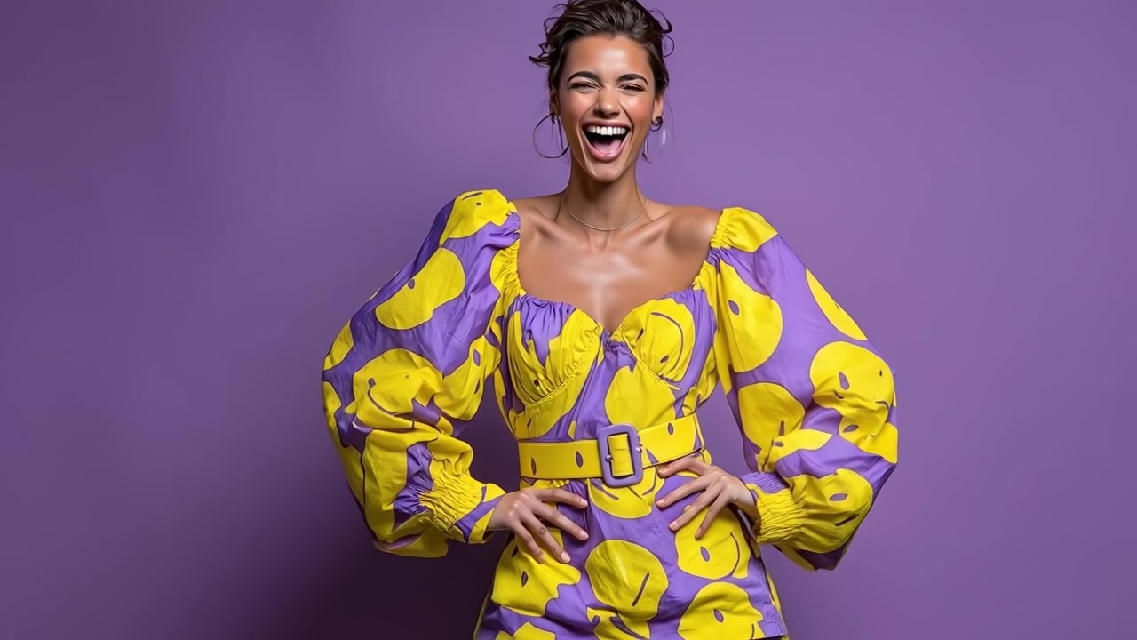 Donna che ride gioiosamente mentre posa con un vestito colorato a fantasia su uno sfondo viola.