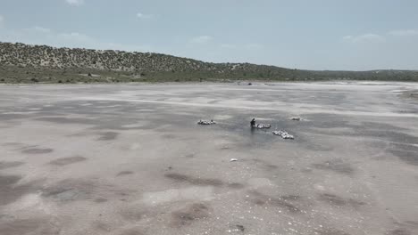 Aerial-drone-backward-moving-shot-over-a-labourer-collecting-salt-from-a-salt-lake-in-bags,-surrounded-by-highlands-in-Sanghar-Sindh,-Pakistan-on-a-sunny-day