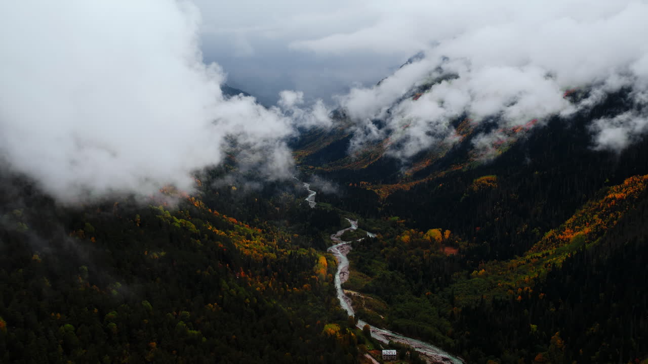 Autumn Mountain Valley with Fog
