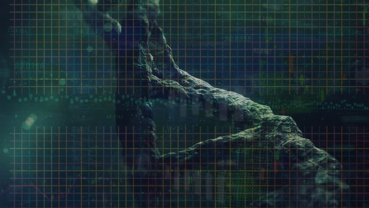 animación de la estructura del adn giratorio y el procesamiento de datos financieros contra un fondo verde