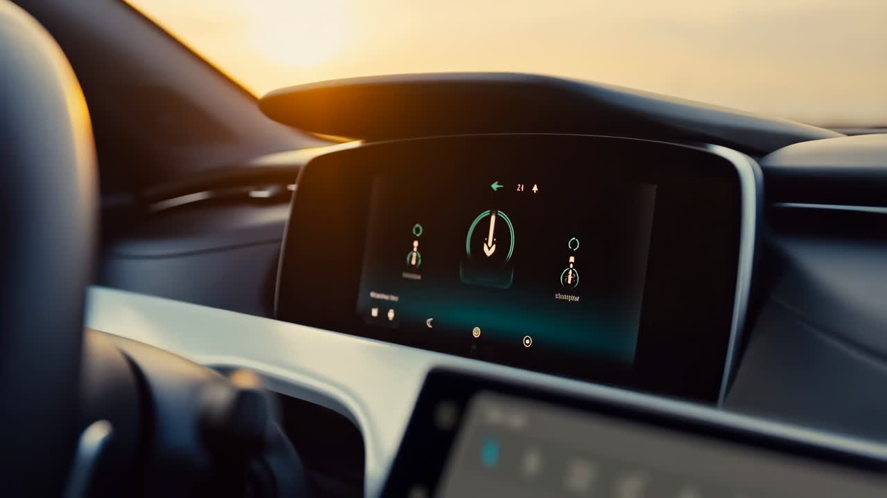 Modern Car Interior with Digital Display and Sunset Background