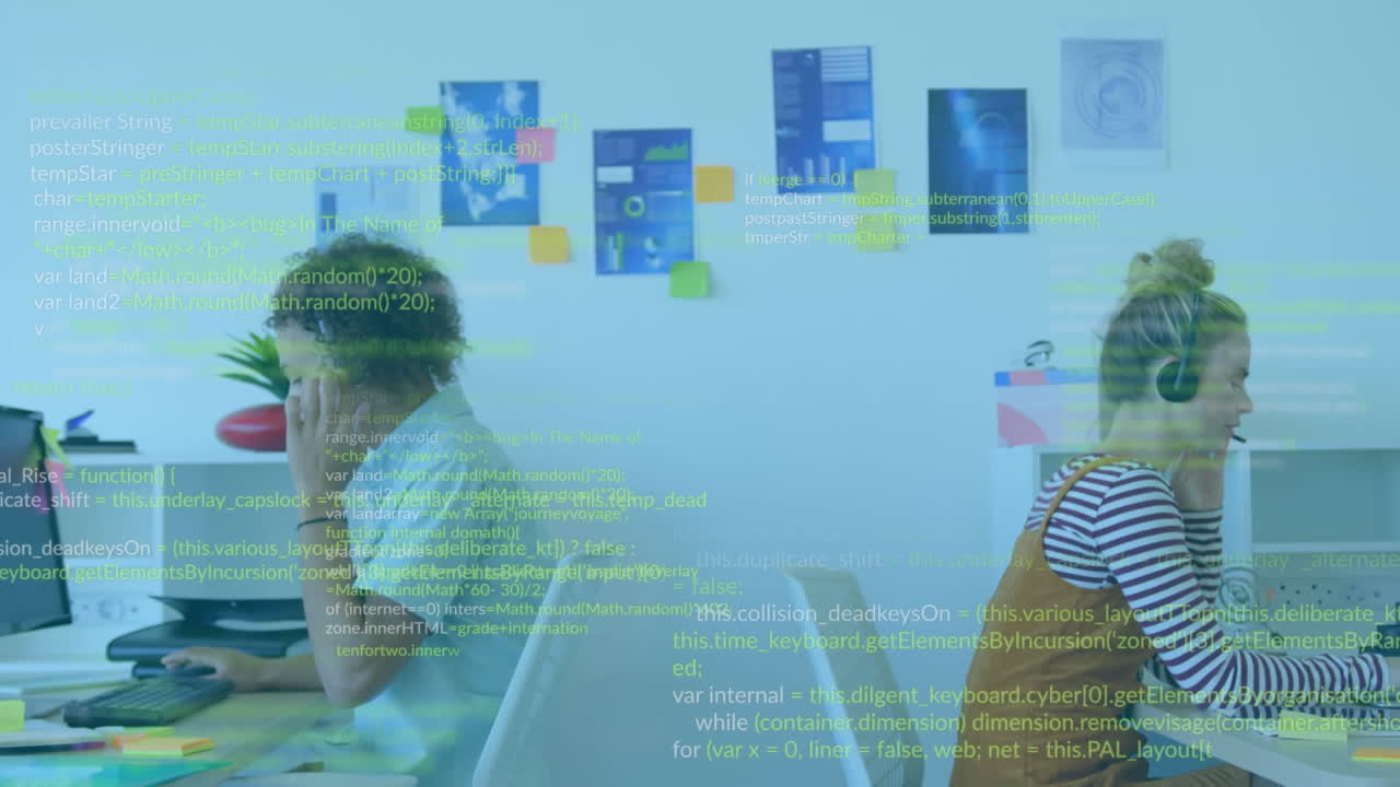 Animation of computer language, diverse customer representatives taking with customers