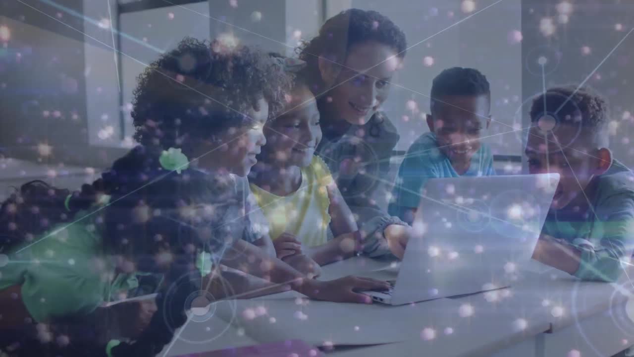 Animation of network of connections and glowing spots over diverse schoolchildren and teacher