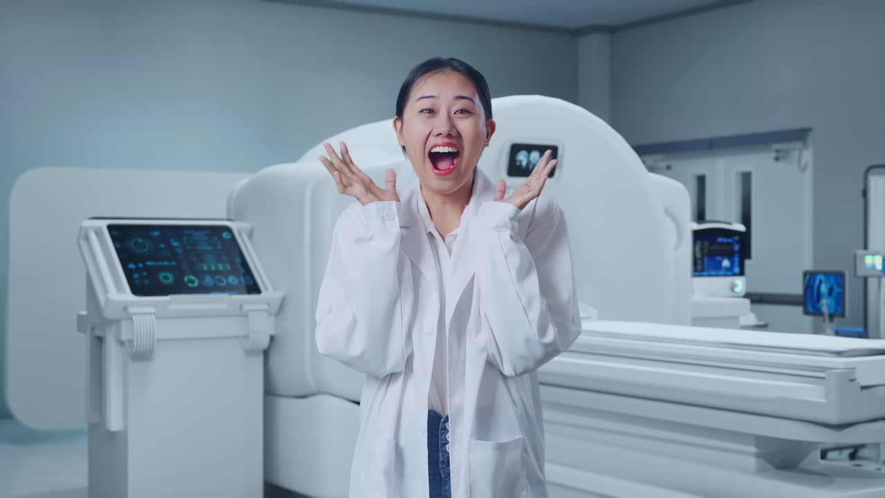 Asian Woman Doctor Showing Gesture Hands Palm, Saying Wow, And Smiling With Mri Machine In The Hospital