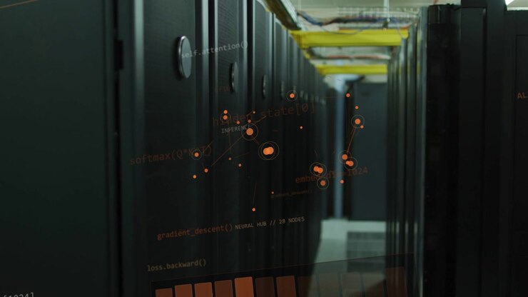 Cam advancing down server-rack aisle starting AI HUD, nodes growing and linking, charting AI health