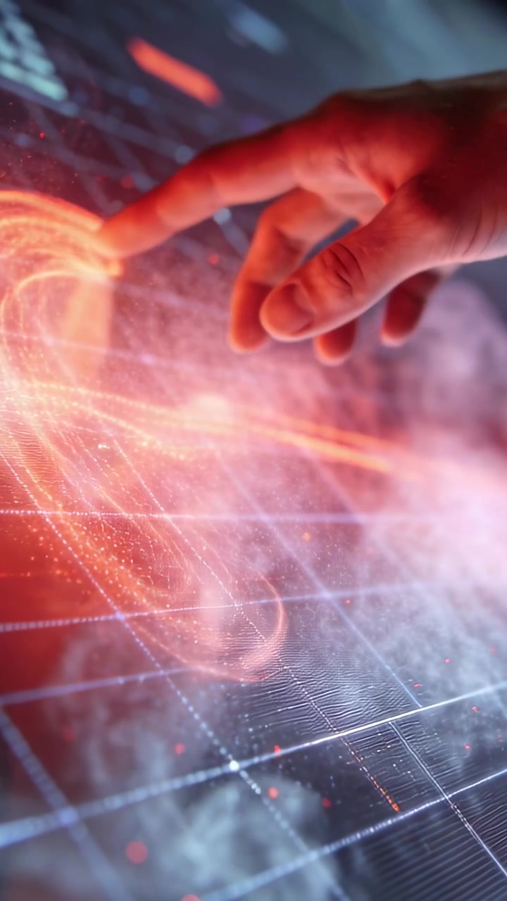 Vertical video: Hovering ringed right hand probing tabletop field, forming glowing orb, copy space
