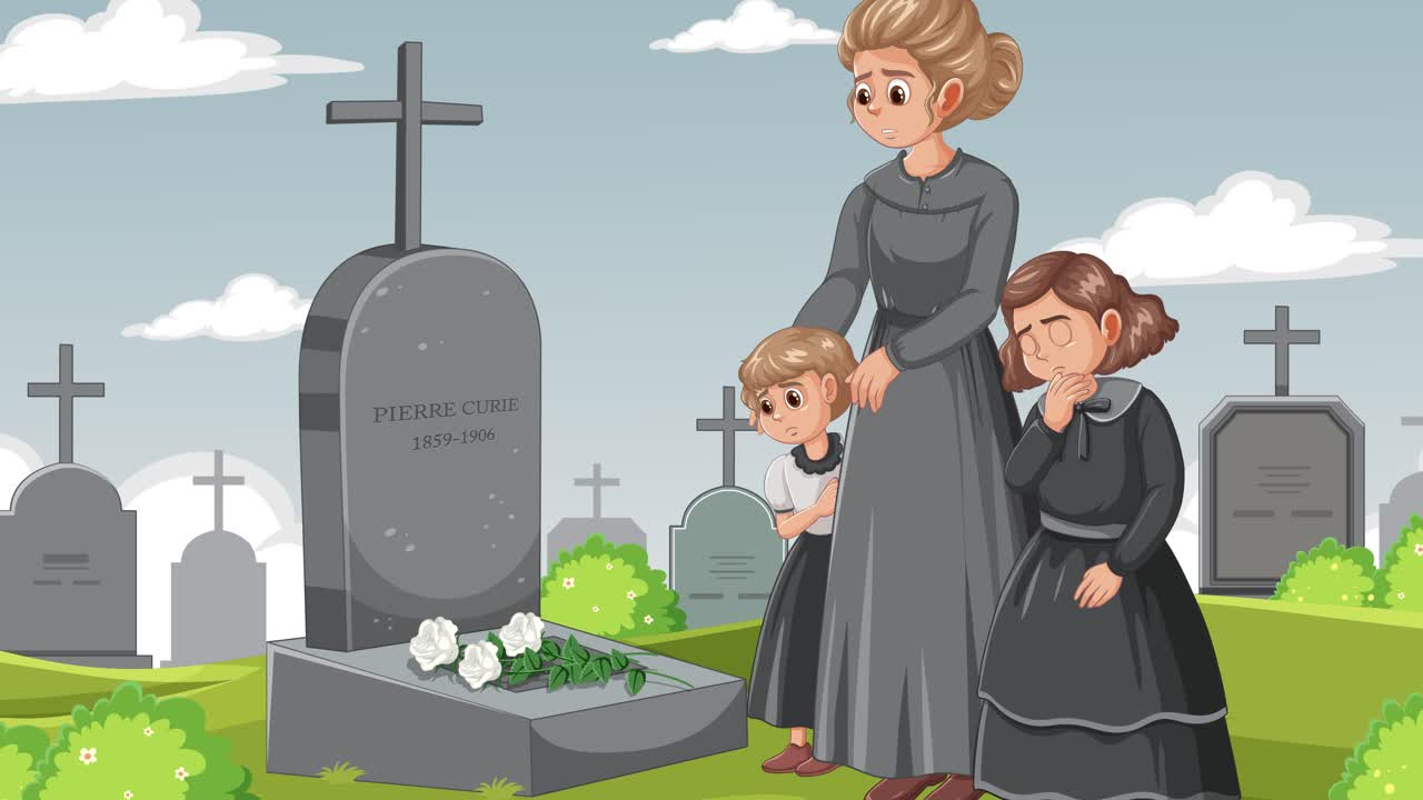 시간이 지남에 따라 묘비에서 슬퍼하는 애니메이션 가족.