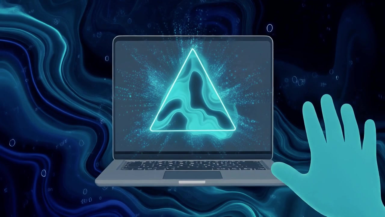 Digital laptop-grænseflade med glødende trekantanimation og håndbevægelse