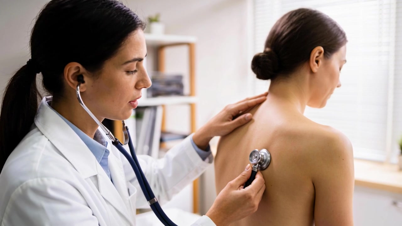 Placing stethoscope doctor in white coat listening patient bare upper back in clinic checking lungs