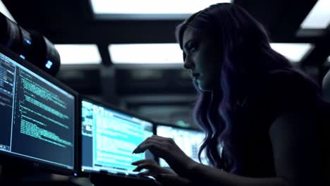 an intense moment of focus as a young woman engages in high-tech coding, surrounded by multiple monitors displaying complex lines of code in a dimly lit environment