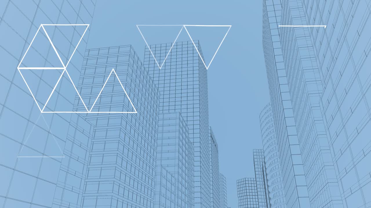 Animazione di reti di triangoli con paesaggio urbano su sfondo blu.