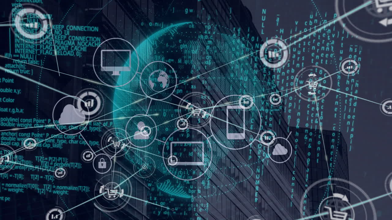 Digital network and data processing animation over cityscape with binary code