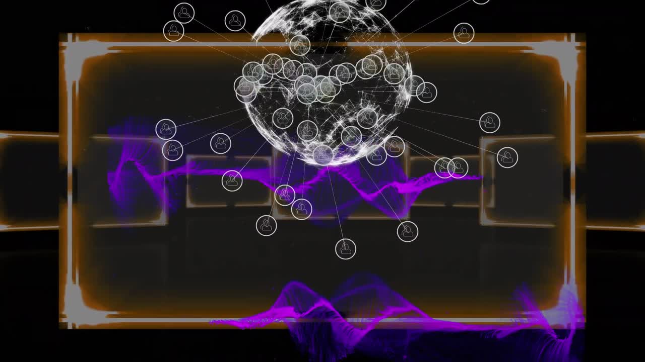 Animation of data processing over globe on dark background