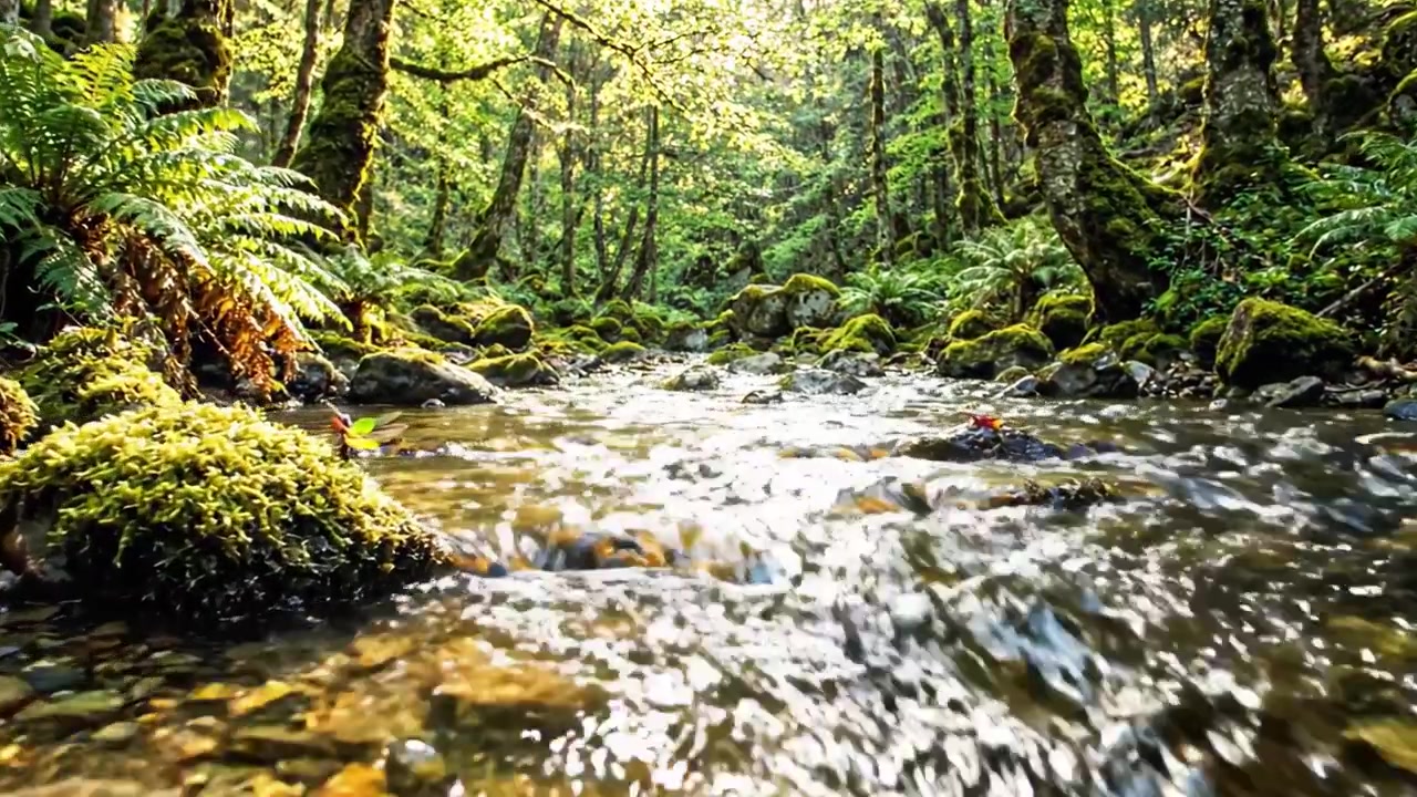 Fredfyldt bæk i en frodig skov: En rolig naturscene med sollys, der filtrerer gennem blade, og fremhæver krystalklart vand og levende grønt.