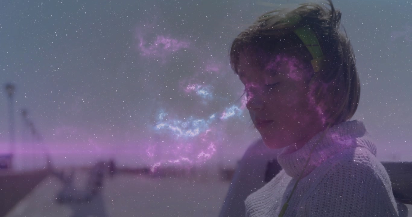 Time initiating starfield emerging and nebula swirling over girl on deck by lake for tech demo