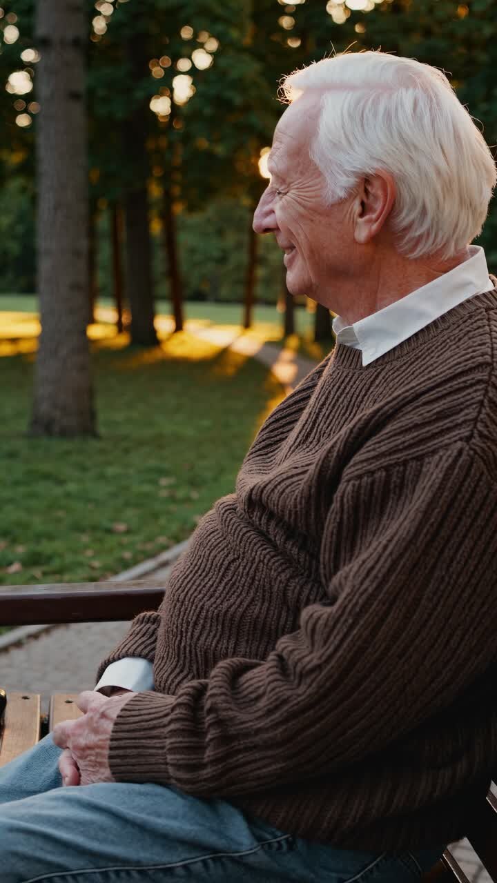 A serene video scene of an elderly man in profile sitting on a park bench at sunset