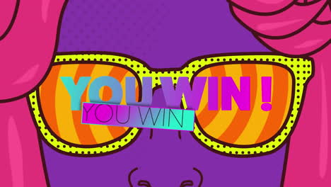 animation of you win text banner over woman wearing sunglasses art against radial background