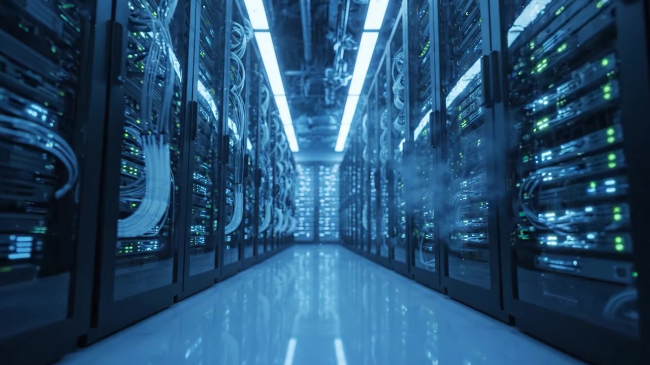 Advanced Data Server Environment Showcasing High-Tech Rack Systems with Illuminated Interfaces, Featuring an Organized Array of Servers in a Controlled Atmosphere