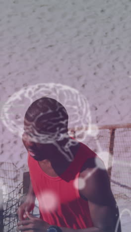 procesamiento de datos médicos contra un hombre afroamericano en forma subiendo las escaleras en la playa