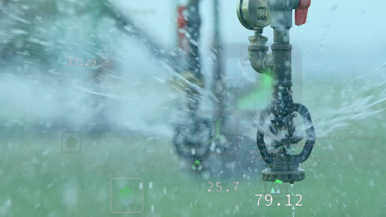 Metal sprinkler head spraying irrigation water across green field while numeric overlays floating