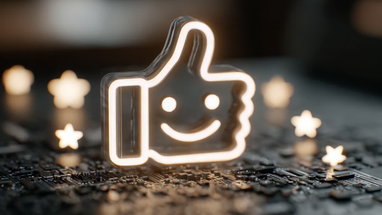 A glowing thumbs-up icon radiates positivity against a dark, textured background filled with small lights, symbolizing approval and digital connectivity in modern communication