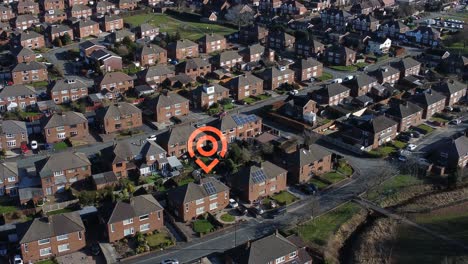 aerial view delivery driver in white van arriving at location with pinpoint graphic overlay