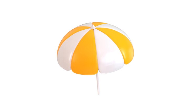 Ombrellone da spiaggia giallo e bianco in rotazione su sfondo bianco