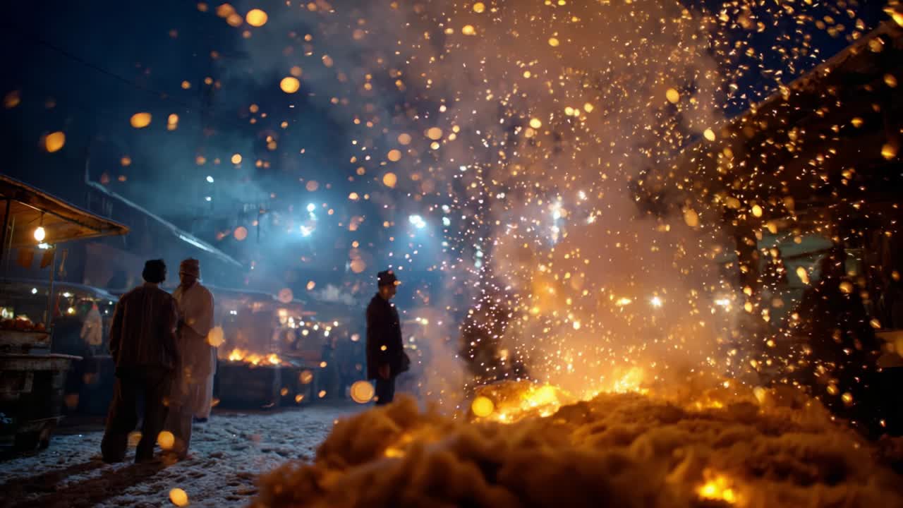 A Night Scene at a Traditional Market with Explosive Fireworks and Exciting Atmosphere, Featuring Flickering Lights, Shimmering Sparks, and Smoky Haze That Creates a Unique and Captivating Experience for All Visitors