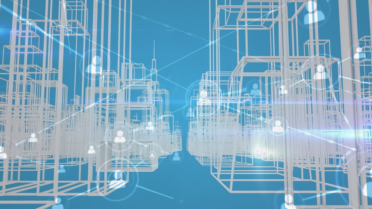 Animation of network of connections with icons over digital city