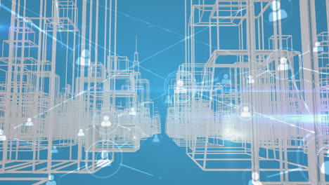 animation of network of connections with icons over digital city