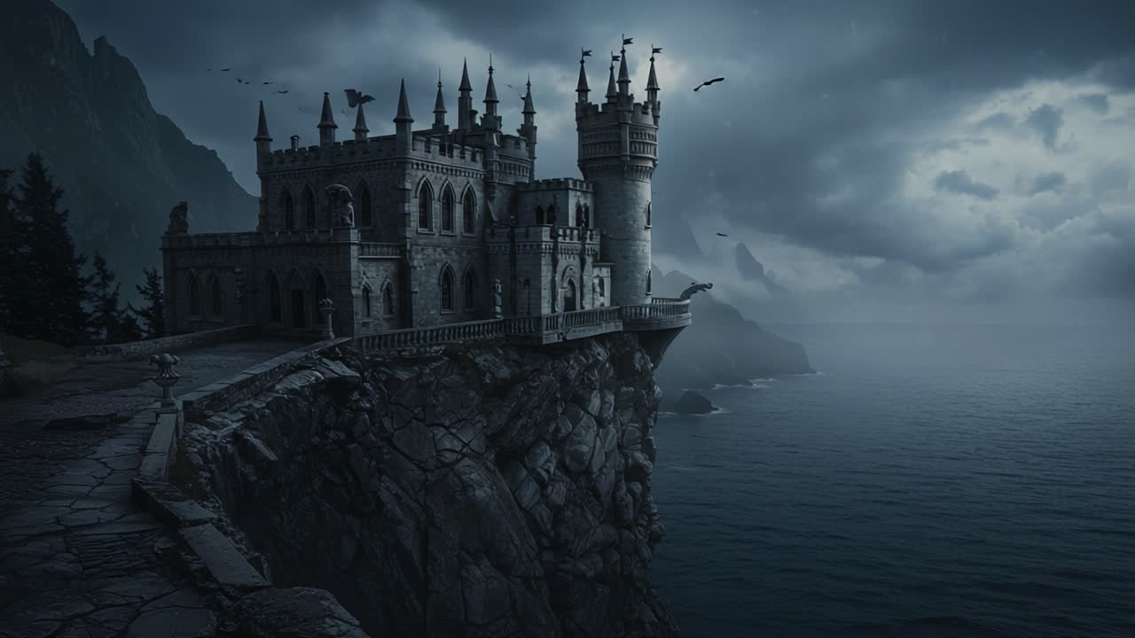 A Majestic Castle Perched on a Dramatic Cliff Overlooking the Sea, Surrounded by Dark Clouds and Eerie Mountains, Perfect for a Mystical Tale of Wonder
